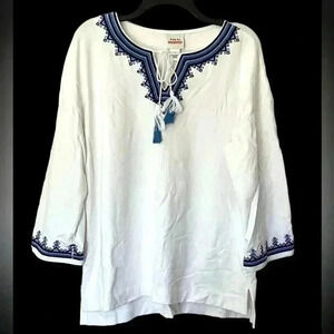 Ruby Rd Favorites white/ Blue Embroidered 3/4 Sleeve Top Tunic Size Large